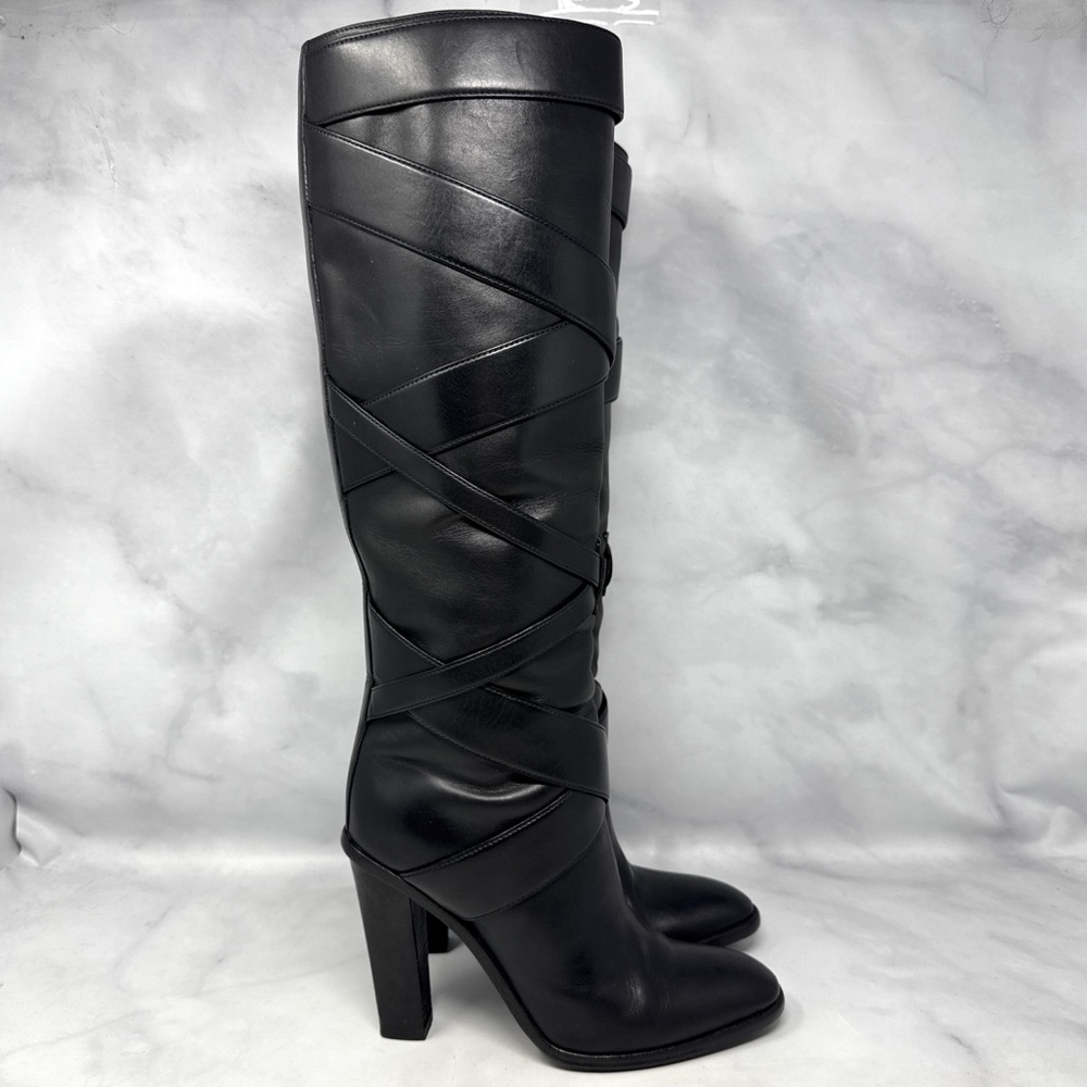 Saint Laurent Strappy Leather Wrap Around Tall Knee High Block Heeled Boot Black - Picture 5 of 16